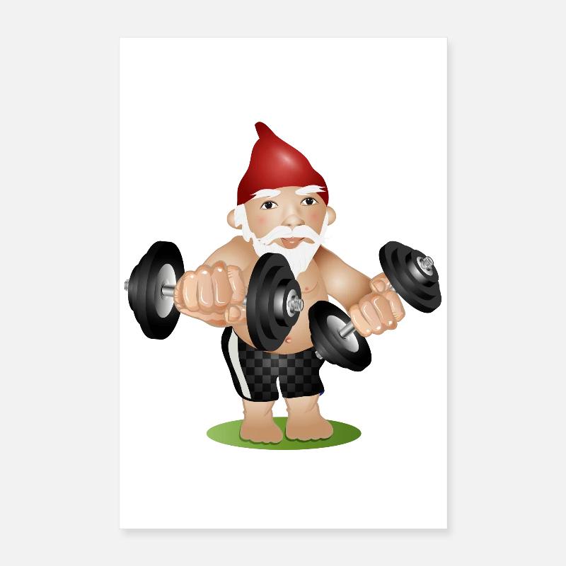 Bodybuilder garden gnome with dumbbells while exercising Poster 16" x 24" (40x60 cm)