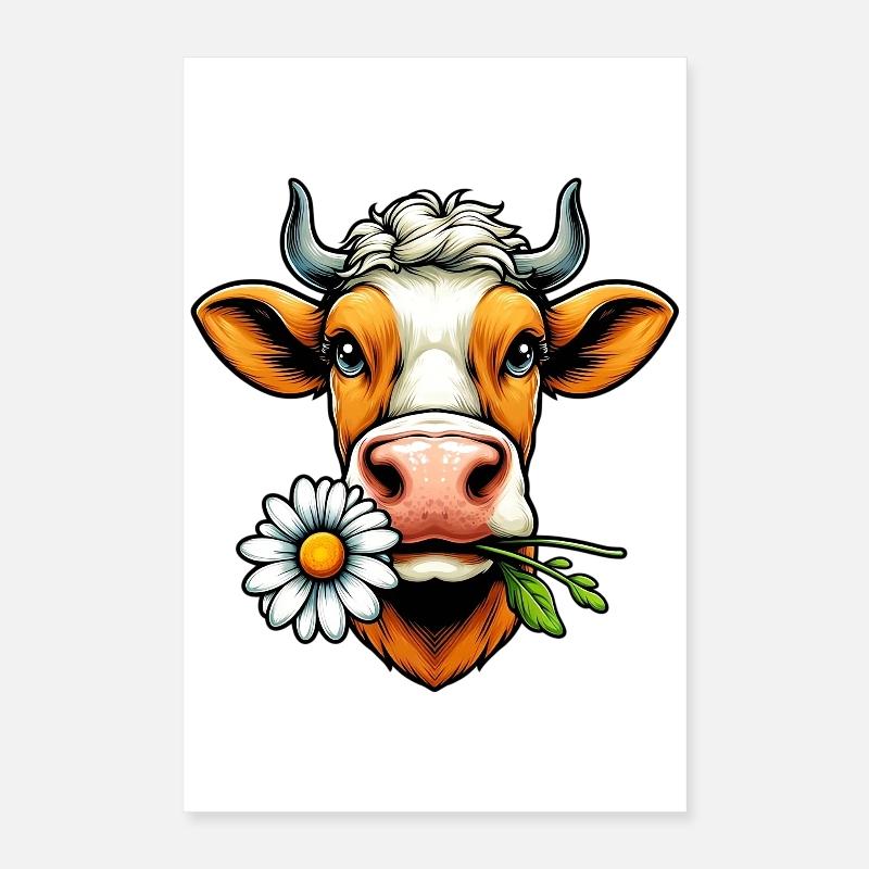 Vache avec une fleur de marguerite dans sa bouche fleurs Poster 40 x 60 cm