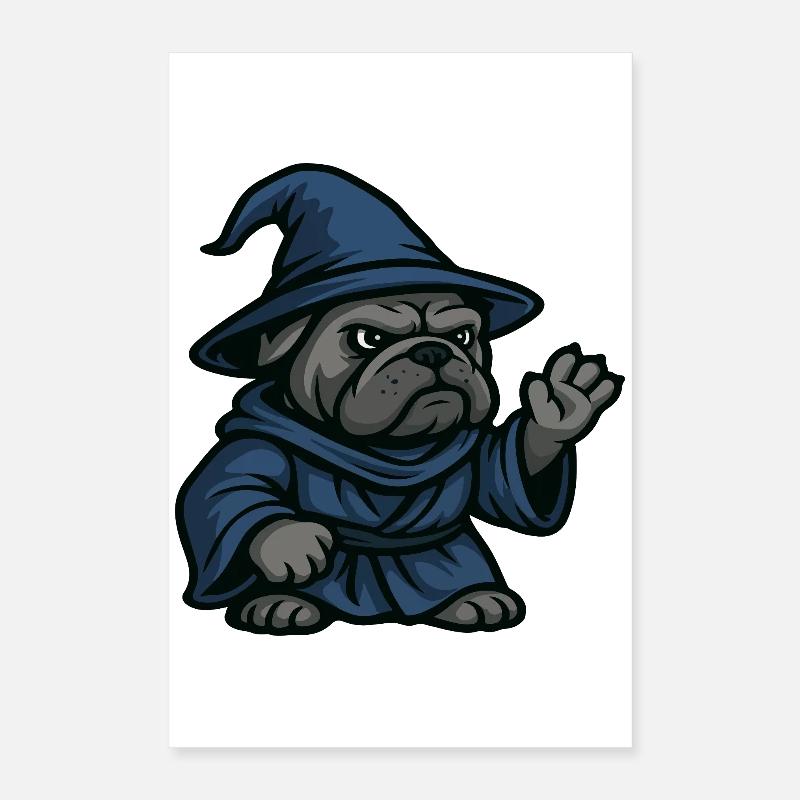 Sorcier bouledogue lançant un sort dans l’art de la robe bleue Poster 40 x 60 cm