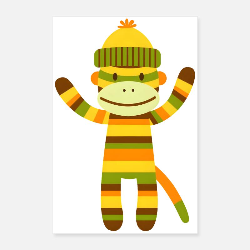 Funny Sock Monkey Colorful Striped Monkey Kids Poster 16" x 24" (40x60 cm)