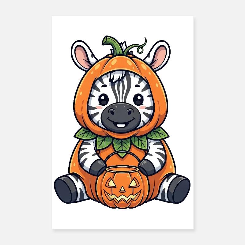Cute Halloween Zebra with Hat and Pumpkin Lantern Poster 16" x 24" (40x60 cm)