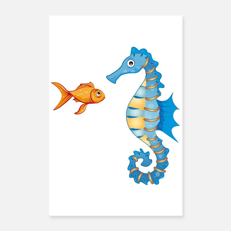 niedlicher Comic Goldfisch und Seepferdchen Poster 40x60 cm