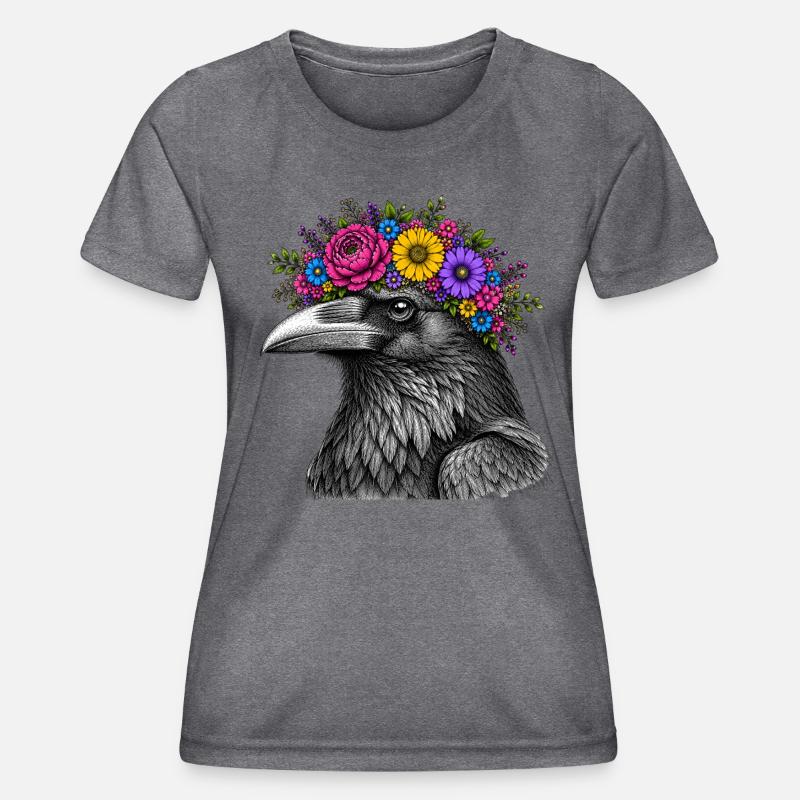 Crow's Head with Flower Crown - Women's Functional T-Shirt - dark melange