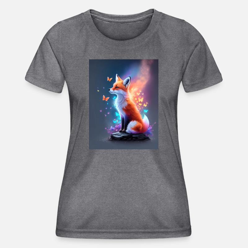 Fantastic Fox with Multicolored Butterflies - Women's Functional T-Shirt - dark melange 