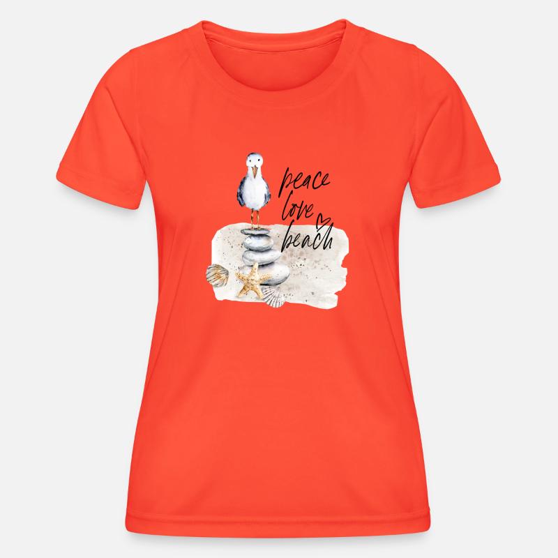 Beach Bird on Stone Stack Watercolors - Women's Functional T-Shirt - grenadine