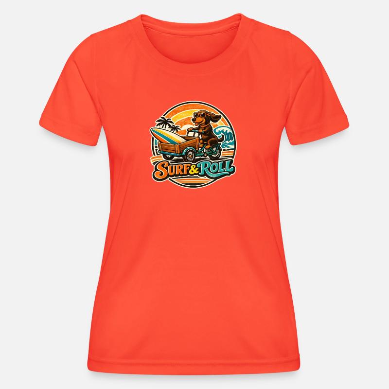 Surf & Roll Dachshund with Surfboard - Women's Functional T-Shirt - grenadine