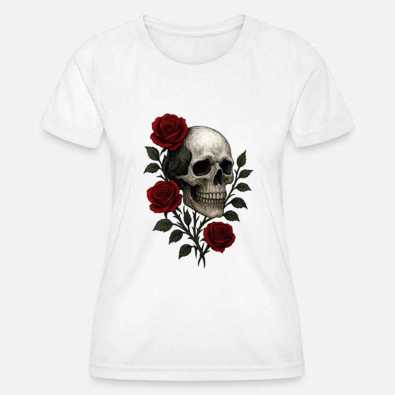 Gothic Skull with Romantic Roses Design - Women's Functional T-Shirt - white