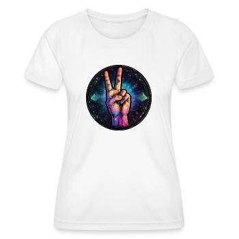 Kosmische Friedensgeste - Frauen Funktions-T-Shirt - Weiß - Vorne - AI Model Female 172 dark (172cm)