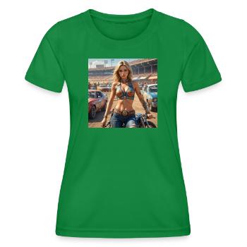 Rennsport Rebellin Denim Outfit - Frauen Funktions-T-Shirt - Kelly Green - Vorne - AI Model Female 172 dark (172cm)