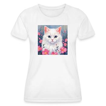 Elegante weiße Katze mit pinken Blumen - Frauen Funktions-T-Shirt - Weiß - Vorne - AI Model Female 172 dark (172cm)