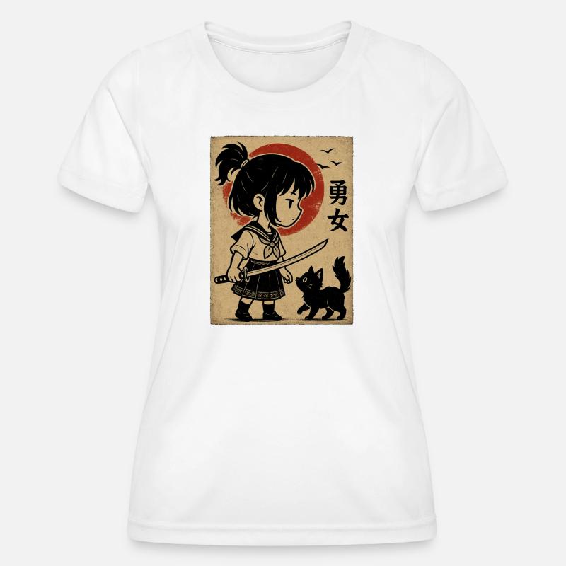 Modig pige med katana og kat - Funktionsshirt til damer - hvid