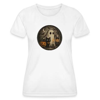 Spooky Halloween night scene with cat - Women's Functional T-Shirt - white - Front - AI Model Female 172 dark (172cm)