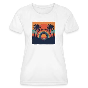 Retro Sonnenuntergang mit Regenbogen & Palmen - Frauen Funktions-T-Shirt - Weiß - Vorne - AI Model Female 172 dark (172cm)