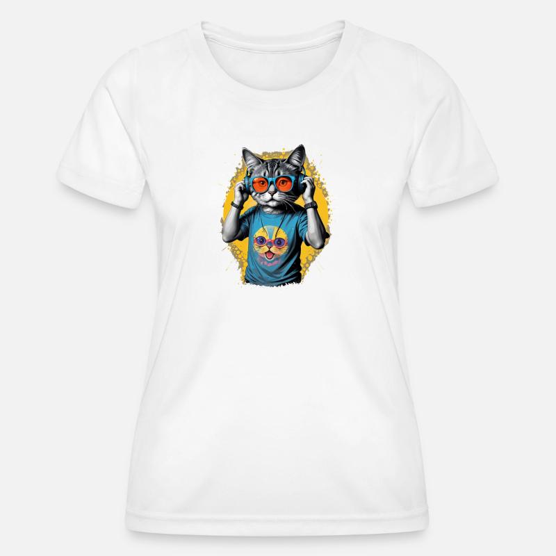 Neon Cat DJ Vibe Tee - Women's Functional T-Shirt - white