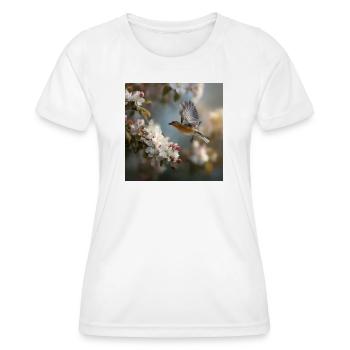Frühlingssperling im Blütenflug - Frauen Funktions-T-Shirt - Weiß - Vorne - AI Model Female 172 dark (172cm)