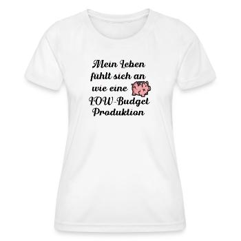Low Budget Mood – Funny Broken Piggy Bank Cartoon - Frauen Funktions-T-Shirt - Weiß - Vorne - AI Model Female 172 dark (172cm)