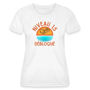Level 15 freigeschaltet – 15 Jahre Ehe - Frauen Funktions-T-Shirt - Weiß - Vorne - AI Model Female 172 dark (172cm)