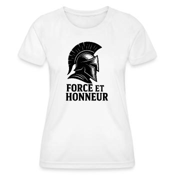 Strength & Honor – Spartanischer Stil - Frauen Funktions-T-Shirt - Weiß - Vorne - AI Model Female 172 dark (172cm)