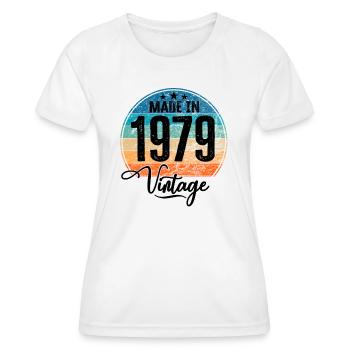 Millésime Fabriqué en 1979 Année de naissance 1979 Anniversaire - T-shirt sport Femme - blanc - Devant - AI Model Female 172 dark (172cm)