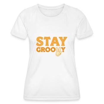 Stay Groovy Peace Hand Comic Hippie-Festival 70er Jahre - Frauen Funktions-T-Shirt - Weiß - Vorne - AI Model Female 172 dark (172cm)