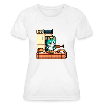 Cat in 8 bit as a chef in the kitchen at the stove - Women's Functional T-Shirt - white - Front - AI Model Female 172 dark (172cm)