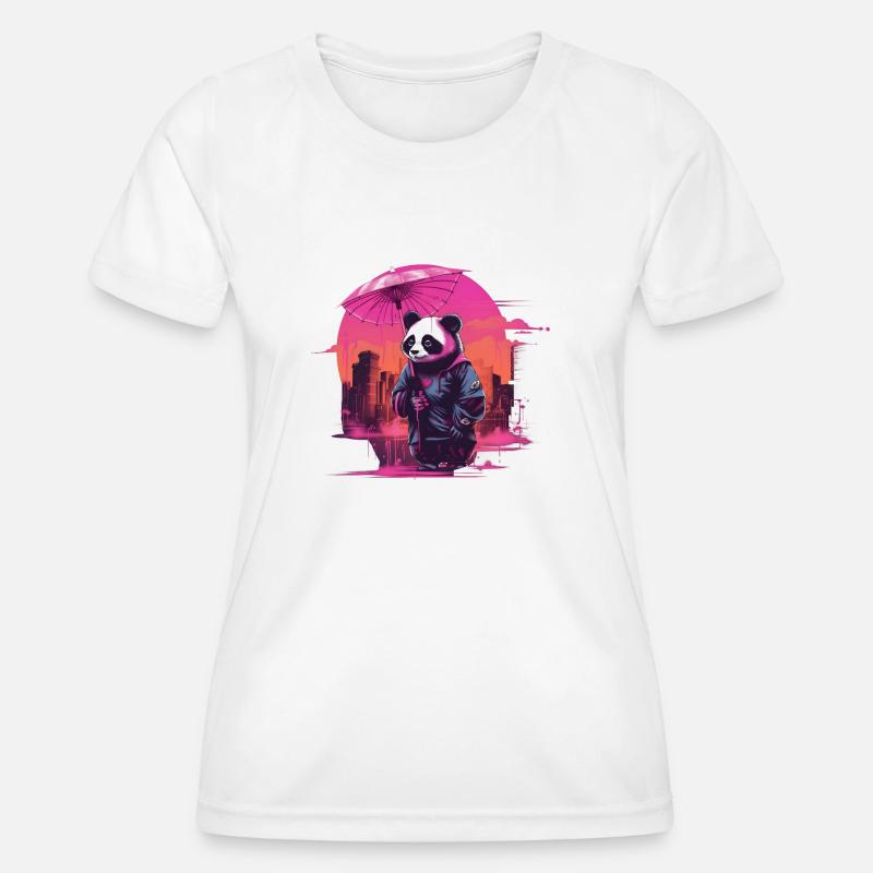 Synthwave Cute Asian Panda with umbrella - Women's Functional T-Shirt - white