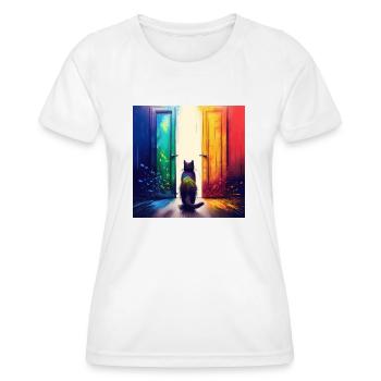 Eine Katze zwischen zwei Türen - Frauen Funktions-T-Shirt - Weiß - Vorne - AI Model Female 172 dark (172cm)