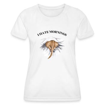 Je déteste les matins – teckel fatigué au lit - T-shirt sport Femme - blanc - Devant - AI Model Female 172 dark (172cm)