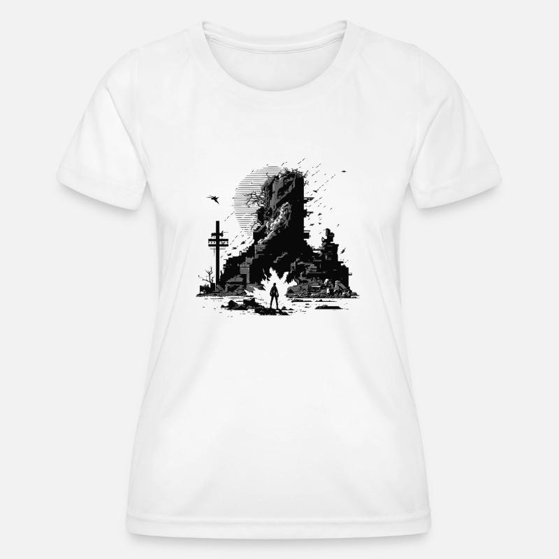 Sci-Fi 8Bit scenario in a destroyed world - Women's Functional T-Shirt - white