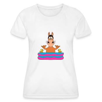 PFERD - PONY - POOL - PLANSCHBECKEN - TIER - FUN - Frauen Funktions-T-Shirt - Weiß - Vorne - AI Model Female 172 dark (172cm)