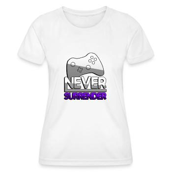 NEVER SURRENDER (Lila) + Controller - Gaming - Frauen Funktions-T-Shirt - Weiß - Vorne - AI Model Female 172 dark (172cm)