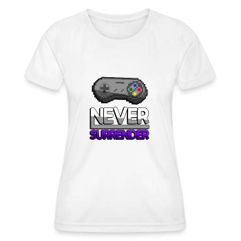 NEVER SURRENDER (Lila) + SNES Controller - Gaming - Frauen Funktions-T-Shirt - Weiß - Vorne - AI Model Female 172 dark (172cm)