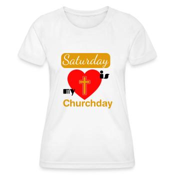 staurday churchday - Frauen Funktions-T-Shirt - Weiß - Vorne - AI Model Female 172 dark (172cm)