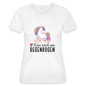 Einhorn - Küss mich am Regenbogen - Frauen Funktions-T-Shirt - Weiß - Vorne - AI Model Female 172 dark (172cm)