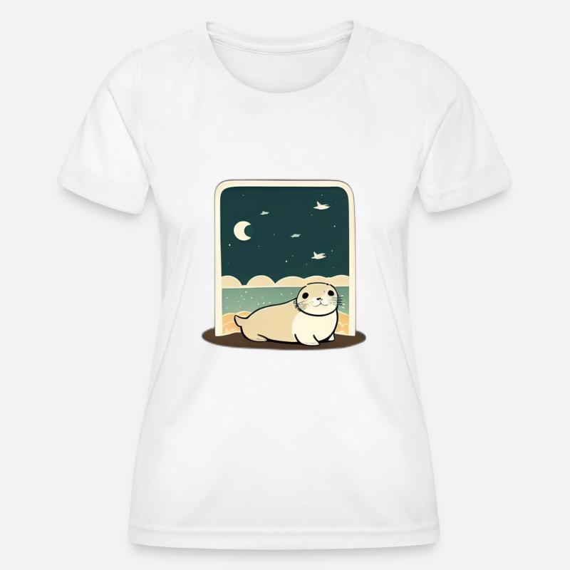 Cute Chubby Seal at Shore with Night Sky - Women's Functional T-Shirt - white