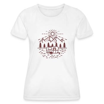 Mountains with camper in monoline design (day/brown) - Women's Functional T-Shirt - white - Front - AI Model Female 172 dark (172cm)
