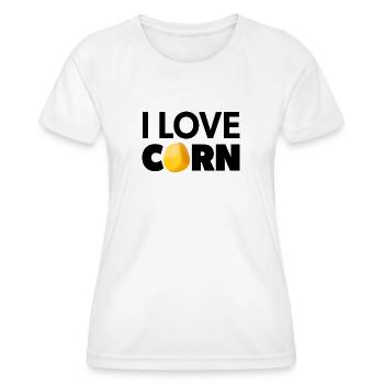 « I Love Corn » noir et jaune avec grain de maïs - T-shirt sport Femme - blanc - Devant - AI Model Female 172 dark (172cm)