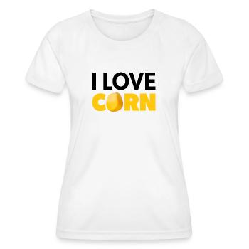« I Love Corn » noir et jaune avec grain de maïs - T-shirt sport Femme - blanc - Devant - AI Model Female 172 dark (172cm)