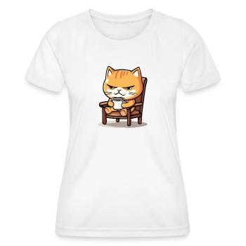 Kater mit Kaffee auf dem Stuhl - Frauen Funktions-T-Shirt - Weiß - Vorne - AI Model Female 172 dark (172cm)