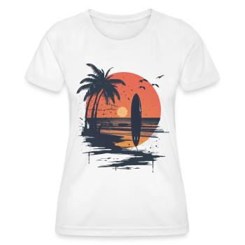 Surfboard sunset and palm trees - Women's Functional T-Shirt - white - Front - AI Model Female 172 dark (172cm)