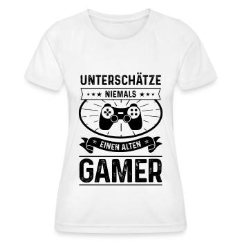 UNTSCHATZE NIEMALS EINEN ALTEN GAMER - - Frauen Funktions-T-Shirt - Weiß - Vorne - AI Model Female 172 dark (172cm)