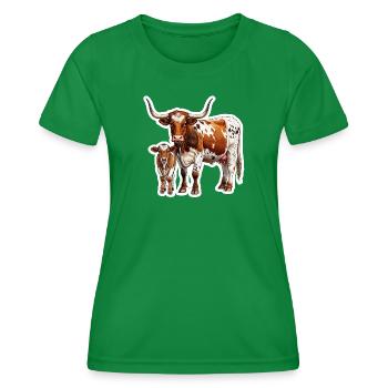 Texas Longhorn with Calf – Proud Western Family - Women's Functional T-Shirt - kelly green - Front - AI Model Female 172 dark (172cm)