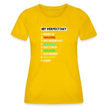 My Perfect Day Walking Funny Schedule UK - Frauen Funktions-T-Shirt - Eigelb - Vorne - AI Model Female 172 dark (172cm)