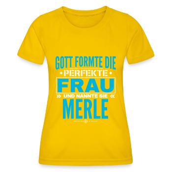 Conception du nom Merle - T-shirt sport Femme - jaune d'œuf - Devant - AI Model Female 172 dark (172cm)
