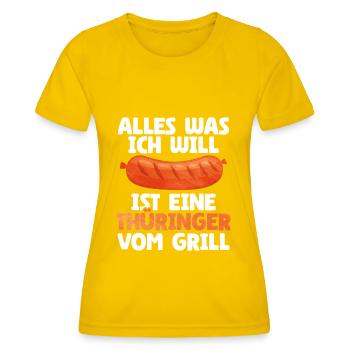 Bratwurst als Geschenk - Frauen Funktions-T-Shirt - Eigelb - Vorne - AI Model Female 172 dark (172cm)