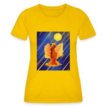 Kosmisch leuchtender Feuervogel: Cyber-Semurg - Frauen Funktions-T-Shirt - Eigelb - Vorne - AI Model Female 172 dark (172cm)