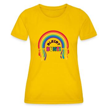 PRIDE - Bleibt BUNT mit REGENBOGEN - Frauen Funktions-T-Shirt - Eigelb - Vorne - AI Model Female 172 dark (172cm)