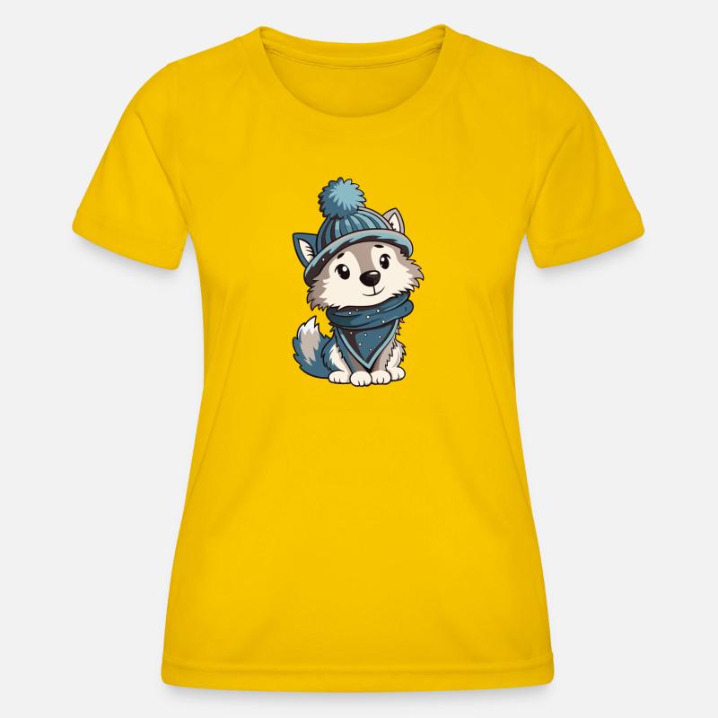 Cute wolf with scarf and bobble hat. - Women's Functional T-Shirt - egg yellow