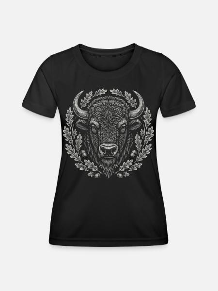 Europäischer Bison mit Eichenkranz Kunst - Frauen Funktions-T-Shirt - Schwarz