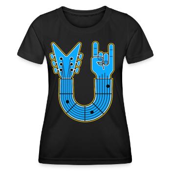 Blaue U-Form Gitarre mit Rock Hand - Frauen Funktions-T-Shirt - Schwarz - Vorne - AI Model Female 172 light (172cm)